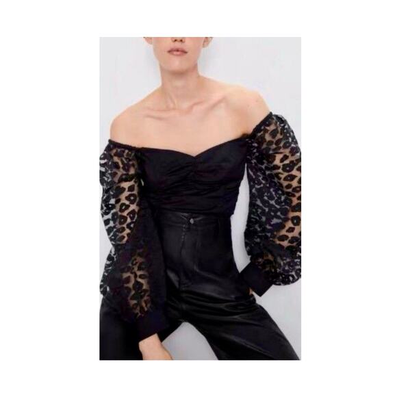 Women's Zara Contrasting Animal Print Organza Puff Sleeve Crop Top Black - Picture 3 of 13